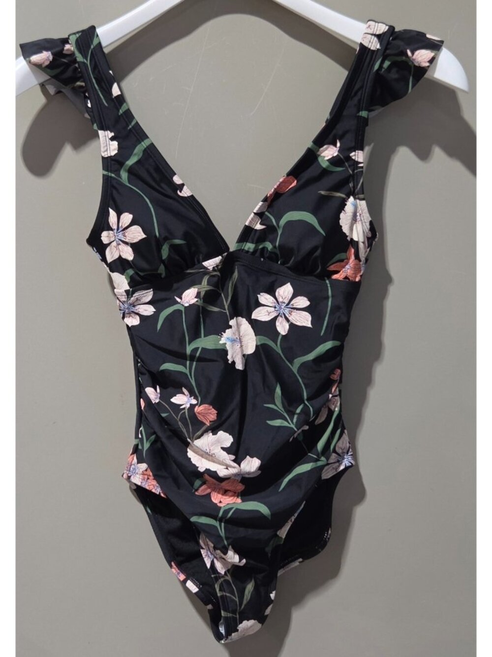 Shade & Shore Black Floral & Strap Trim Tummy Control 1 Pc Swimsuit -- Size XS